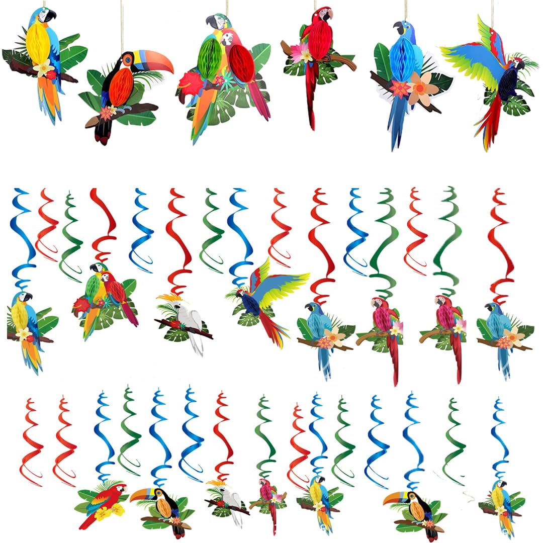 36 pcs Tropical Birds Honeycomb Cutouts, BOSOIRSOU Hanging Parrot Paper Cutouts Hawaiian Summer Beach Luau Party Decorations Safari Classroom Decoration Rainforest Jungle Decoration