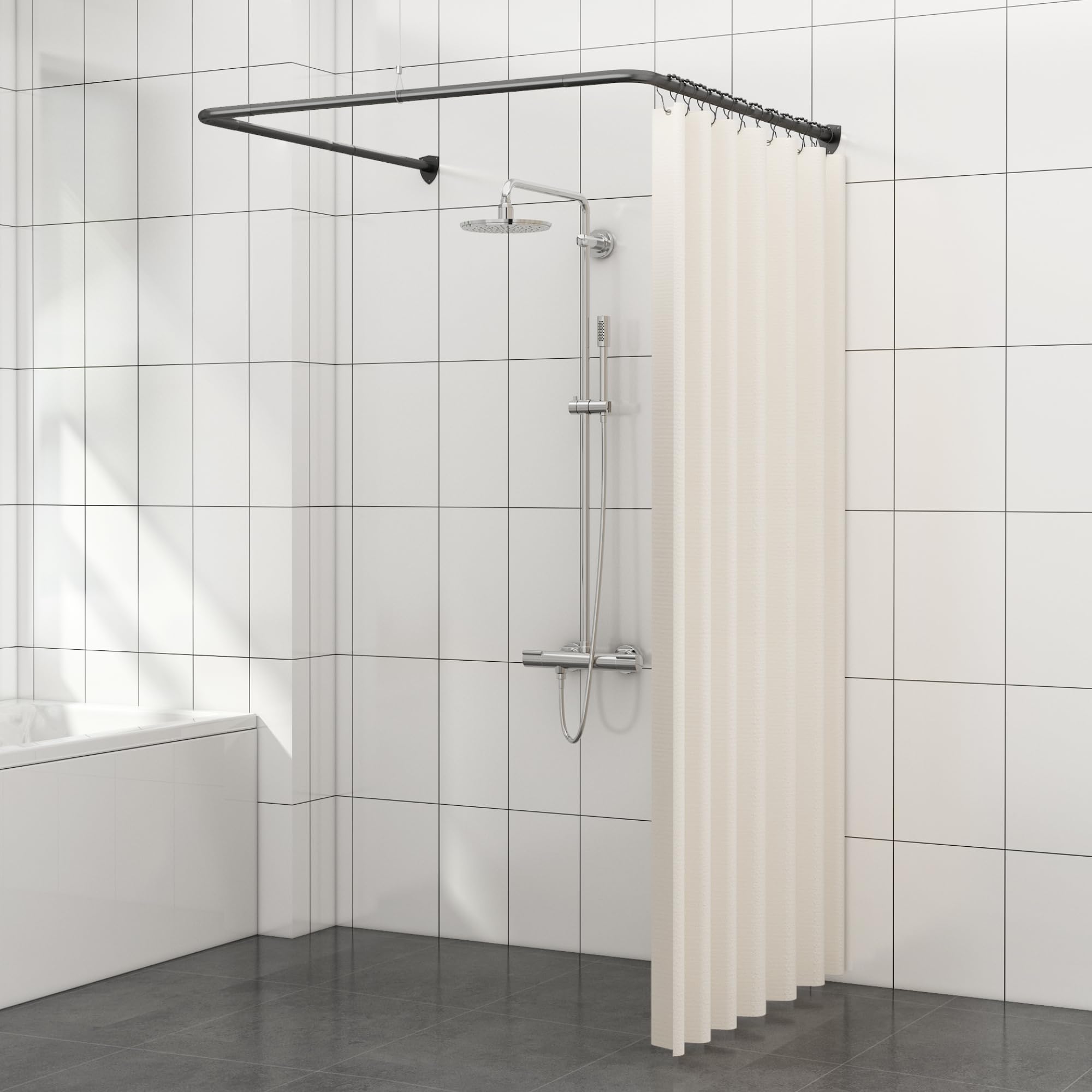 Photo 1 of U Shaped Shower Curtain Rod, Adjustable Corner Shower Curtain Rod for Bathroom, Clothing Store, Stainless Steel with 12 Ring Hooks & Ceiling Support [Both Sides: 23.6"-52", Middle: 31"-46.7"] (Black)