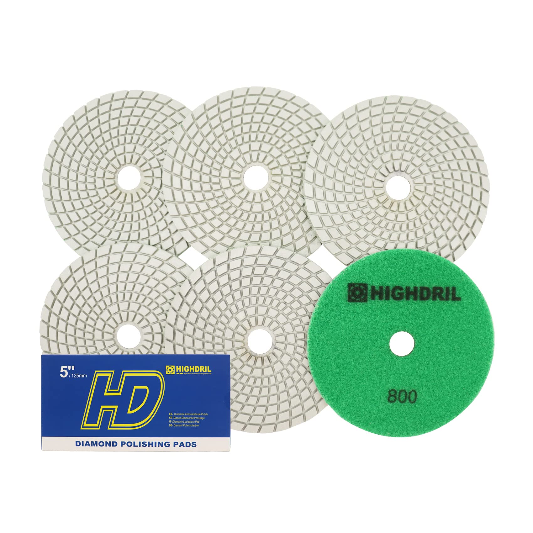 Wet Diamond Polishing Pads,HIGHDRIL 6pcs 125MM #800,for Granite Marble Sanding used on Grinder or Polisher