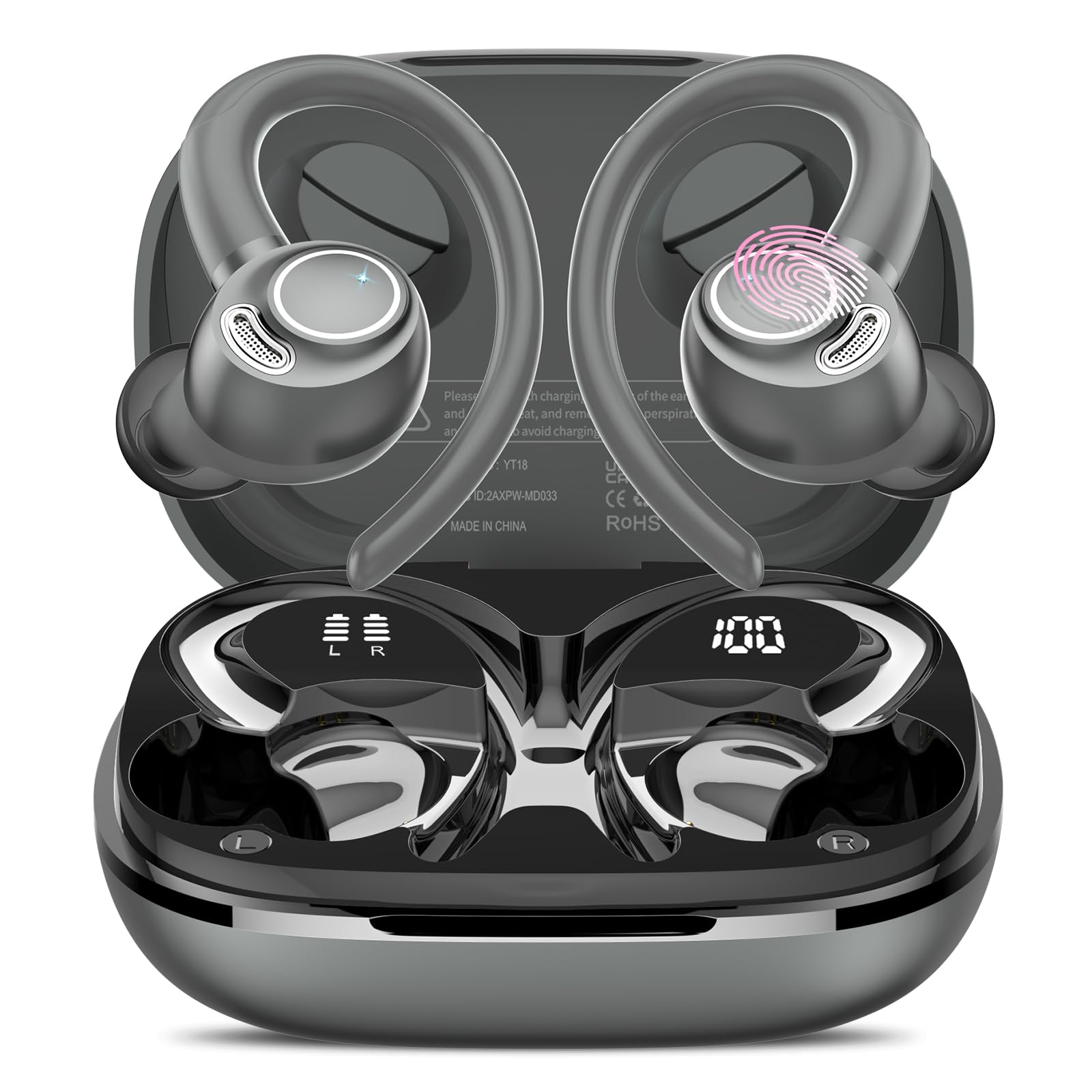 Wireless Earbuds, Bluetooth 5.4 Headphones Sport, Over Ear Buds with ENC Noise Cancelling Mic, 48H, Wireless Earphone with Earhooks, Stereo Deep Bass, IP7 Waterproof Ear Bud for Workout Running, Grey Image