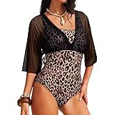 Aleumdr Women's One Piece Swimsuit Modest Tummy Control Bathing Suit V Neck Mesh Sleeve Slimming Swimwear Beachwear