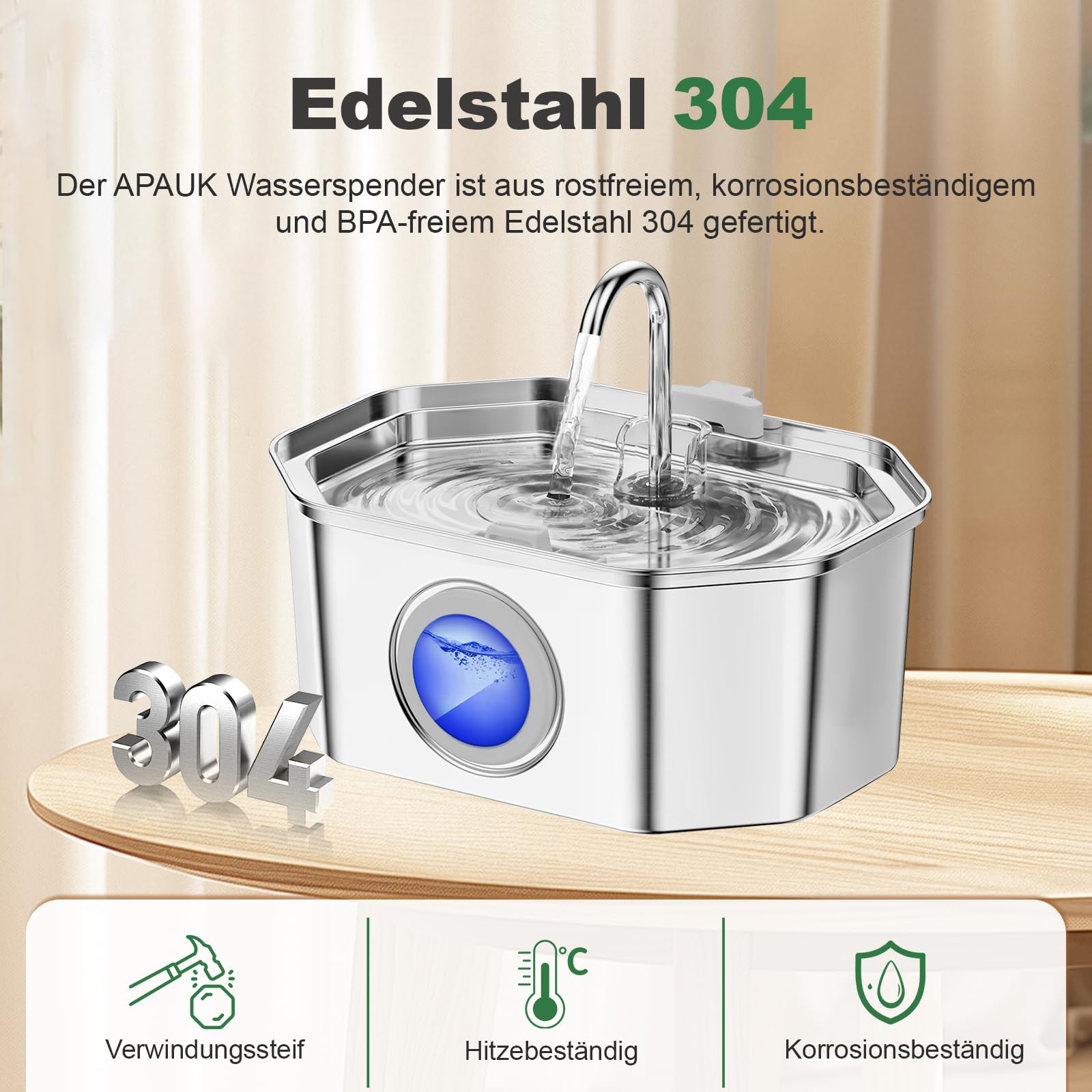 Apauk Katzenbrunnen, Trinkbrunnen für Katze, Trinkbrunnen Edelstahl, Ultraleiser Trinkbrunnen für Katze und kleine Hunde,mit LED-Fenster, S -3.2L Große Kapazität (A-2 Filter & 2 Schwämme) 3