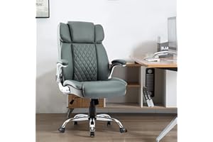 HOMYEDAMIC High Back Ergonomic Office Chair, Flip Arms Big & Tall Executive Swivel PU Bonded Leather Computer Chairs Adjustable Tilt Angle, Wide Thick Seat, Design for Back Pain (7011-Grey)