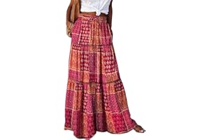 Happy Sailed Womens Floral Print Boho Maxi Skirt Elastic High Waist Pleated Ruffle Flowy Long Skirts S-XL
