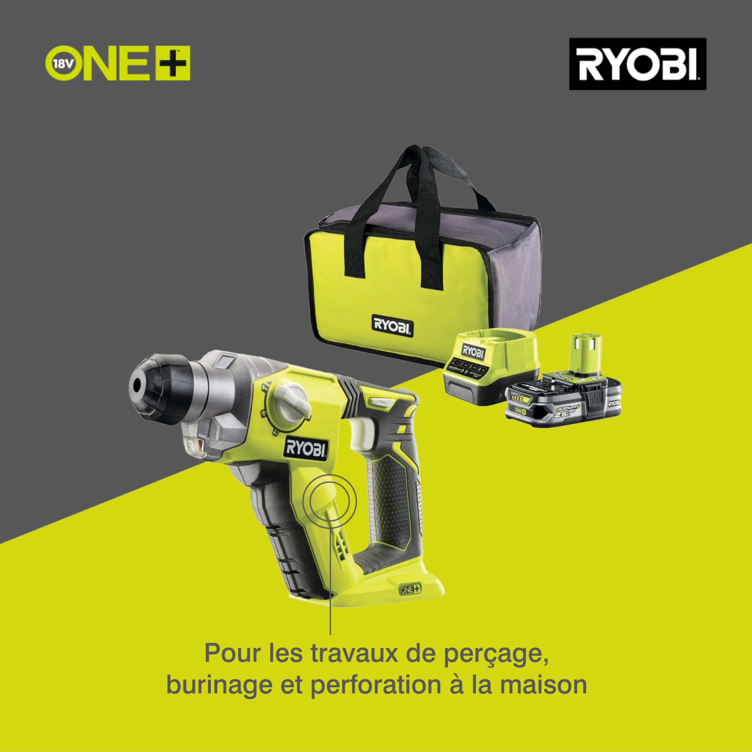 RYOBI 18 V ONE+ Akku-Bohrhammer R18SDS-125S (Schlagenergie 1.3 J, Max. Bohrdurchmesser in Holz/Mauerwerk/Stahl 16/16/13mm, inkl. 2,5Ah Akku und Ladegerät in Werkzeugtasche) 8