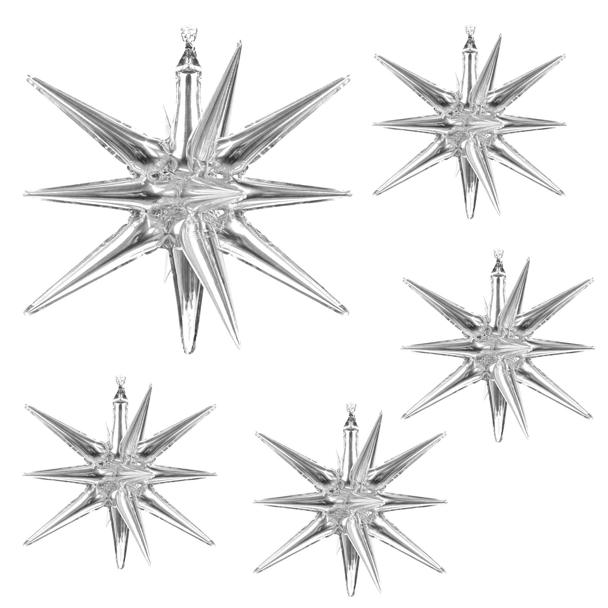 Photo 1 of 5 Pack 12 Point Foil Cone Balloons Starburst Cone Mylar Balloons Large Explosion Star Balloon for Wedding Party Photo Booth Decoration Supplies Silver