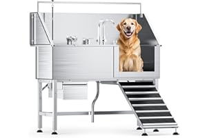 DYTREND Professional 56" Dog Washing Station, 304 Stainless Steel Dog Bathing Station, Height Adjustable Dog Grooming Tub w/Ramp, Storage Drawer, Dog Bathtub for Large, Medium&Small Dogs (Right Ramp)