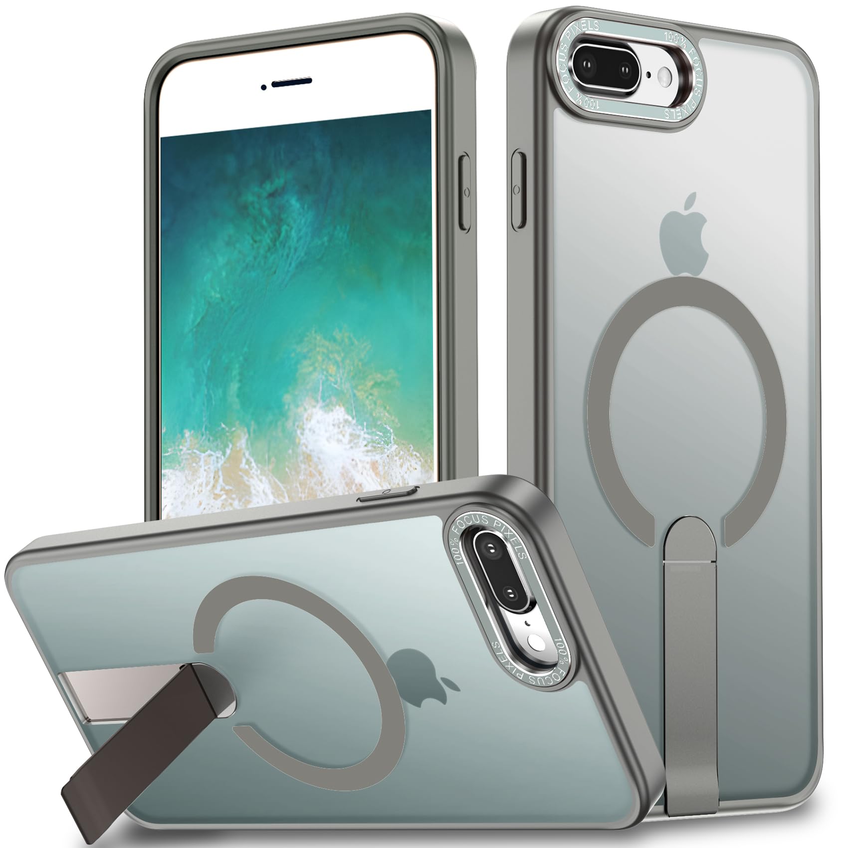 Photo 1 of EMMPITU for iPhone 8 Plus Case, for iPhone 7 Plus Case, Built-in Kickstand Magnetic [Compatible with Magsafe] Translucent Protective Shockproof Phone Cover for iPhone 8 Plus/7 Plus 5.5 inch (Gray)