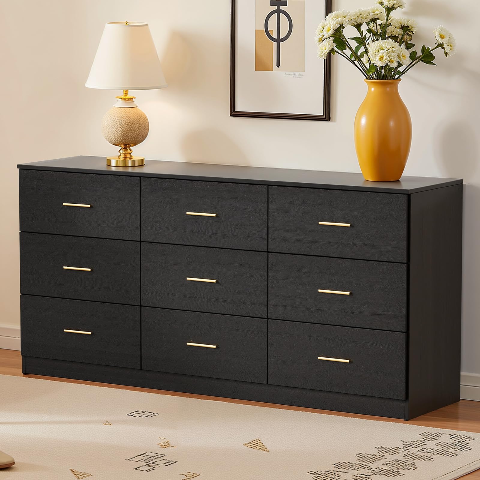 Photo 1 of *****Missing part********Missing part***Miscoos 9 Drawer Dresser, 62.9" Large Deep Chest of Drawers,Wooden Dresser Storage Cabinet with 9 Drawers for Bedroom, Long Black Dressers for Living Room, Hallway,Nursery