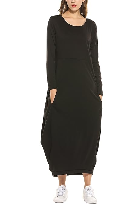 Zeagoo Damen Maxikleid Boho Lang Kleid Midikleid Lässig Langarmkleid Lose Kleider mit Taschen
