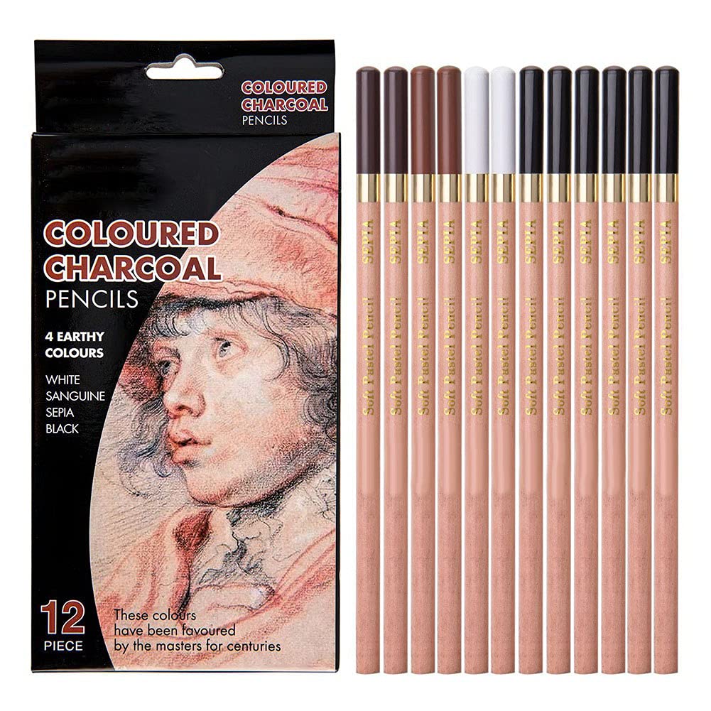 Fdit 12PCS 4 Colors Sketching Pencils Wooden Charcoal Drawing Pencil Art Supplies with Gift Box for Art Students, Beginners, Professional Painter, White/Sanguine/Sepia/Black Charcoal Pencils