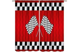 YCNESS Racing Car Kids Curtains, Boys Construction Vehicles Window Treatments for Boys Bedroom,Red Racing Flag Drapes 2 Panel Sets,42x45 Inch