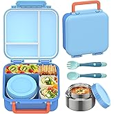 Bento Lunch Box for Kids with 9oz Thermo, Leak-proof Lunch Containers with 3 Compartments,Kids-friendly Size,Durable/Dishwasher Safe Lunch Box for School Outdoors-Blue