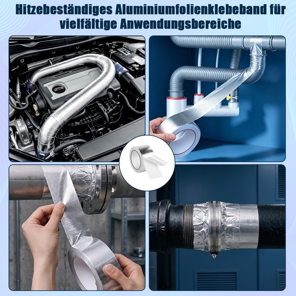 2 Rollen Hitzeschutzband Auspuff Selbstklebend 10m X 5cm mit 15 Stück Edelstahlkabelbinder, Aluminium Klebeband Hitzebeständig , Auspuffband Auspuffbandage Reparaturset für Auto Motorrad Krümmer 3