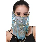 Lauthen.S Women Belly Dance Face Veil with Beads Sequins Halloween Costume Accessory