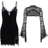 TSMNZMU Womens Gothic Two Piece Dress Vintage Velvet Mini Dresses Sexy Side Split Bodycon Dress Emo Grunge Dresses
