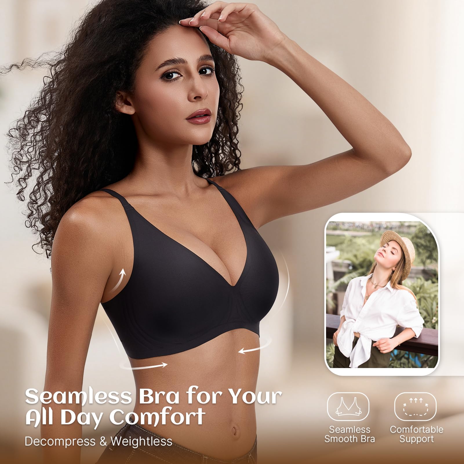 PQK Wireless Bras for Women Deep V Supportive Bras Flexible Soft Bralette Seamless T Shirt Bras No Underwire (Size S Black)