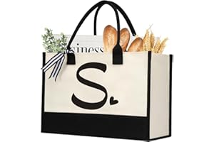 shenee Initial Canvas Tote Bag, Personalized Beach Jute Bag Present for Women Holiday,Friends Birthday Gift,Wedding, New Year