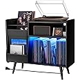 Large Record Player Stand with Sliding Door,350 Vinyl Record Storage Cabinet, Record Player Table with Power Outlet and LED Light,Turntable Stand with Wood Legs for Living Room,Bedroom,Office