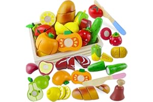 Beberolen Wooden Play Food Sets for Kids Kitchen Toddlers Wood Toys Cutting Fruit Pretend Food Play Kitchen Accessories Set for Boys and Girls