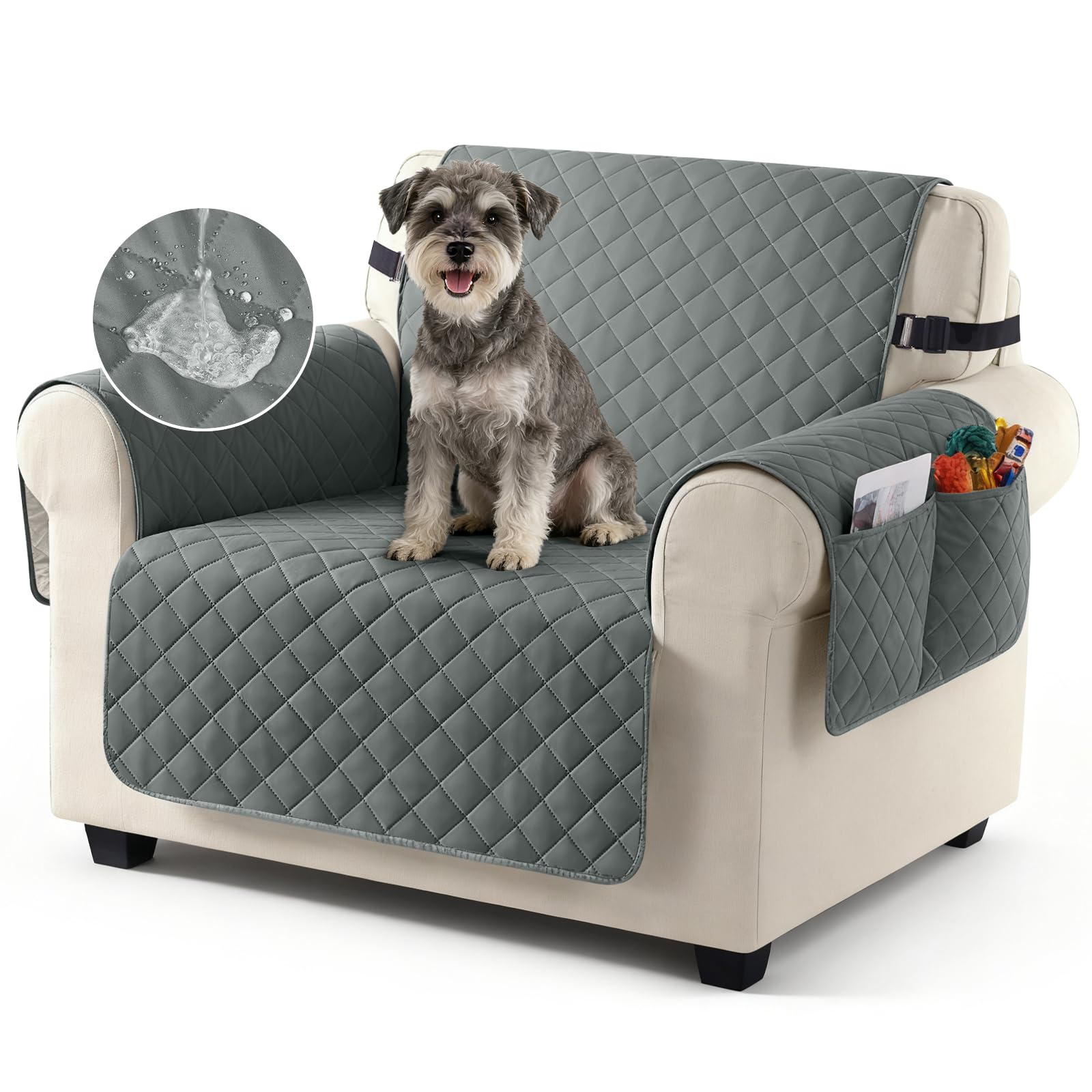 TAOCOCO Sofa Covers 100% Waterproof Sofa Slipcovers 1 Seater,Settee Covers with Storage Pockets,Non Slip Couch Covers,Washable Sofa Protector for Kids/Dogs/Pets(Dark Grey)