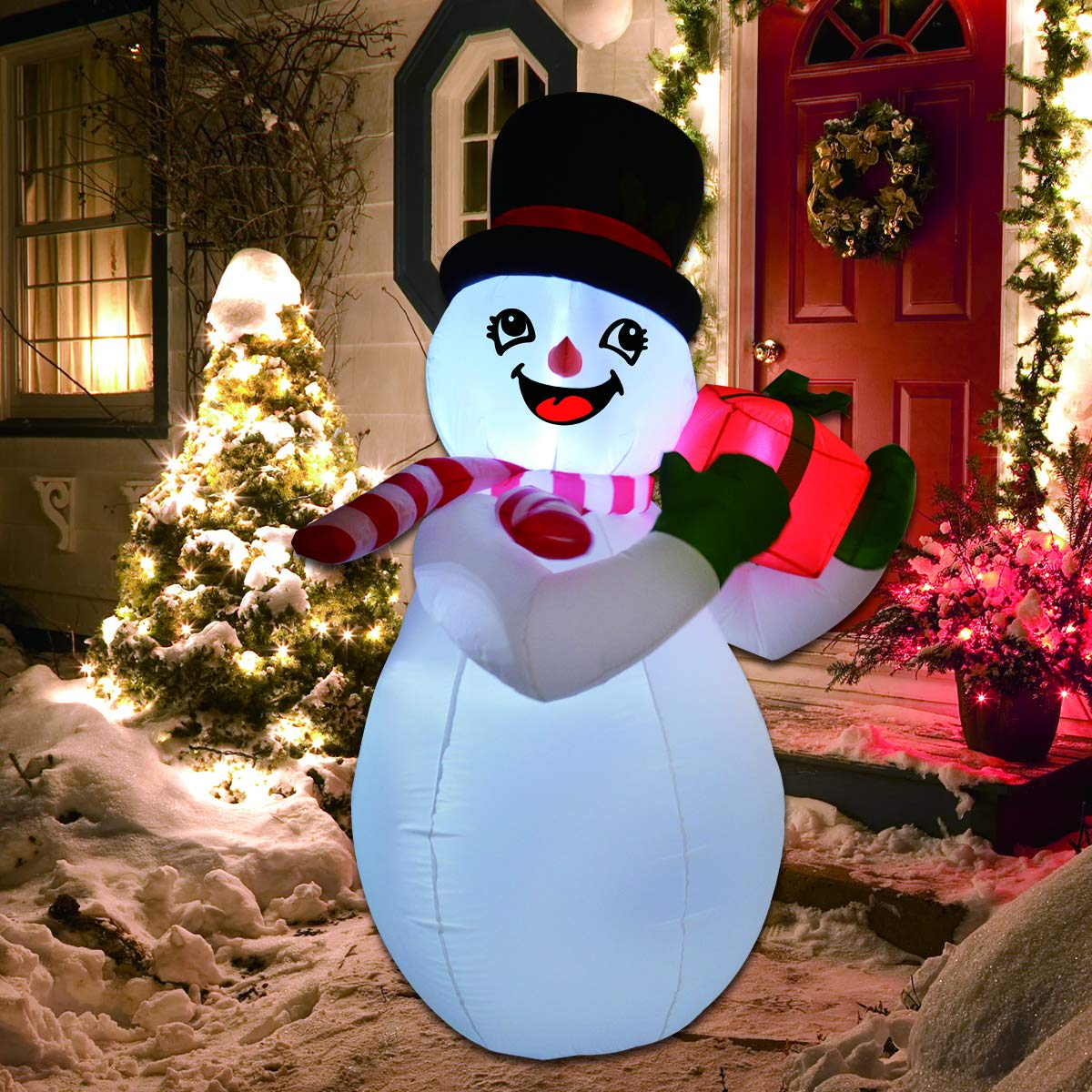 GOOSH 5 Foot Tall Inflatable Snowman Christmas Inflatable Snowman with Gift Box in The Hand LED Lights Indoor-Outdoor Yard Lawn Decoration - Cute Fun Xmas Holiday Blow Up Party Display