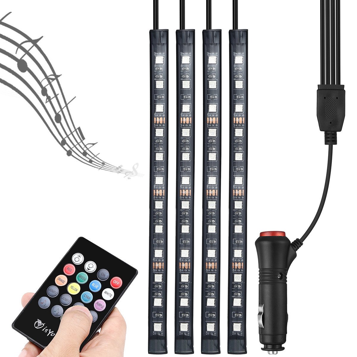 isYoung Lot de 4 Bande Lumières de Voiture 48 Lumières intérieur de Musique Multicolores de LED d\'Ambiance de Décoration, Télécommande sans Fil