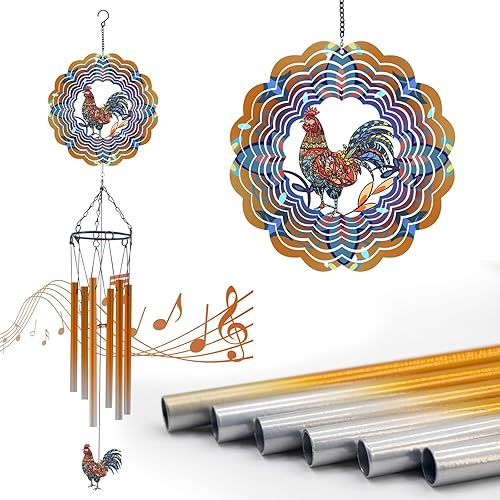 Rooster Garden Ornaments outdoor, Wind Chimes for Garden Birthday Presents for Mum Unique, Pinwheels Wind Spinners outdoor, Gardening Gifts Chicken Gifts for Women, Mum, Grandma