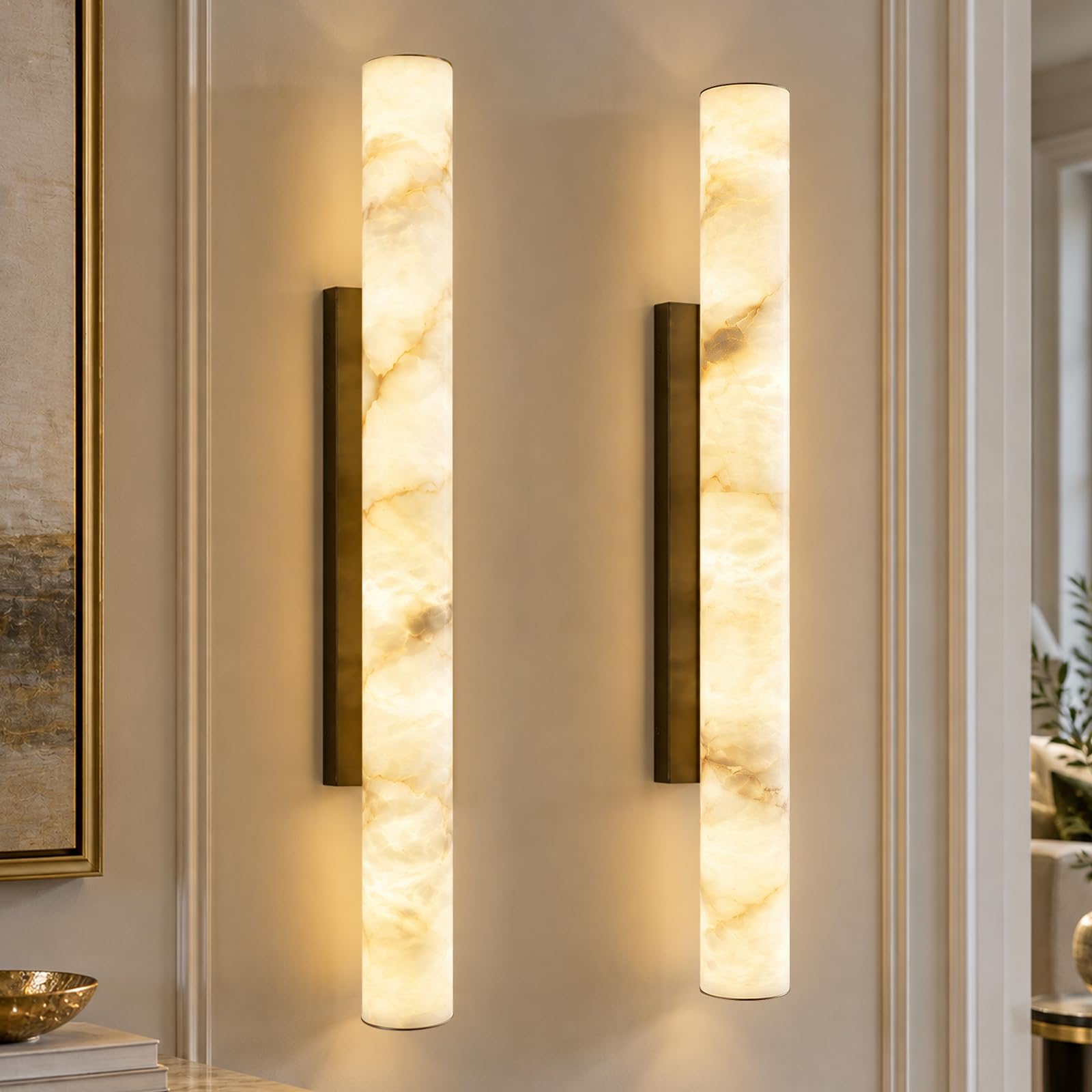 LMQNINE 36" Natural Alabaster Wall Sconces Set of Two Spanish Marble Wall Light Cylinder Modern Black LED Sconce for Living Room Bedroom Bathroo Stairs