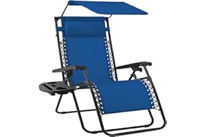 Best Choice Products Folding Zero Gravity Outdoor Recliner Patio Lounge Chair w/Adjustable Canopy Shade, Headrest, Side Accessory Tray, Textilene Mesh - Marine Blue
