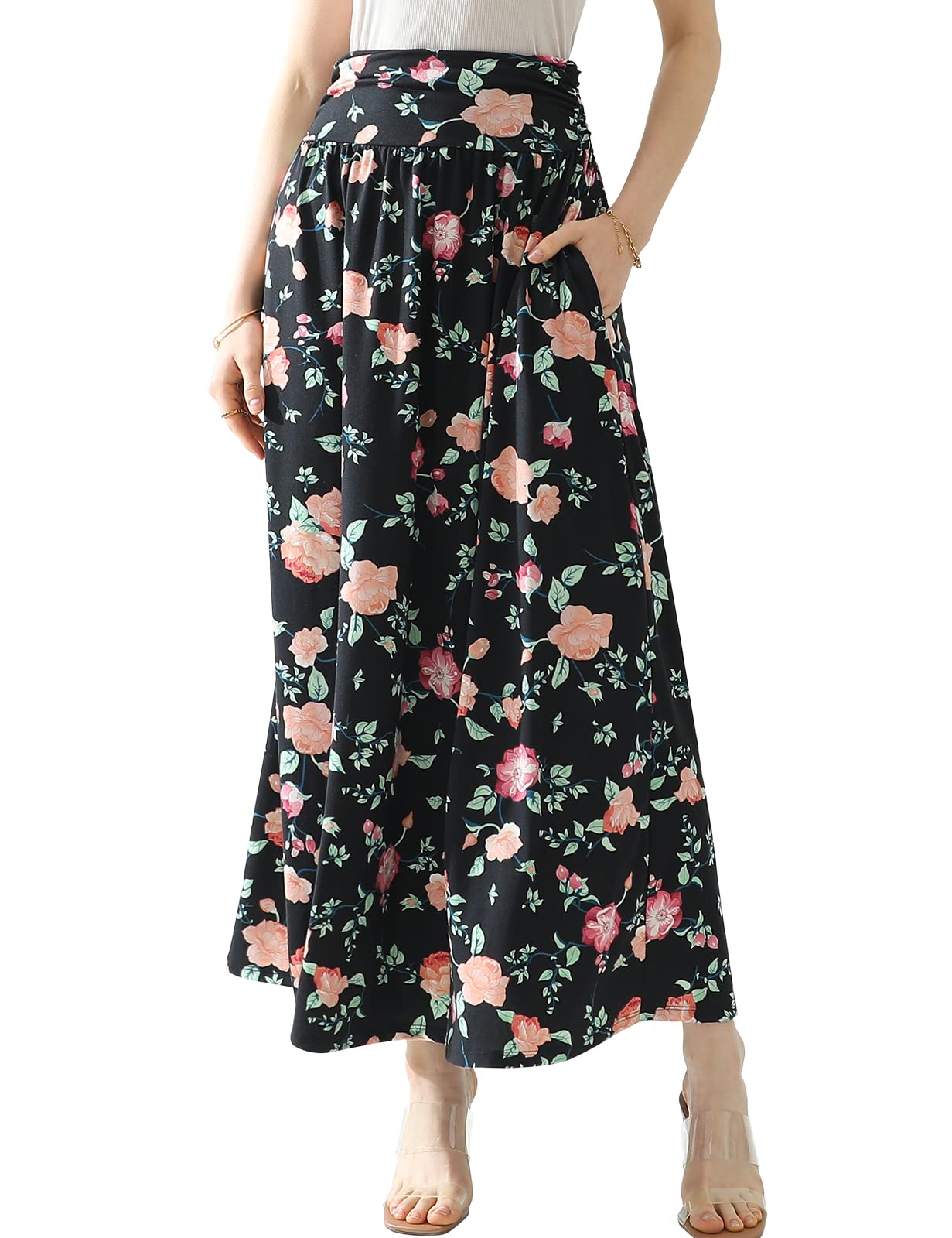 DOUBLJU Casual High Waisted Maxi Skirts with Pocket