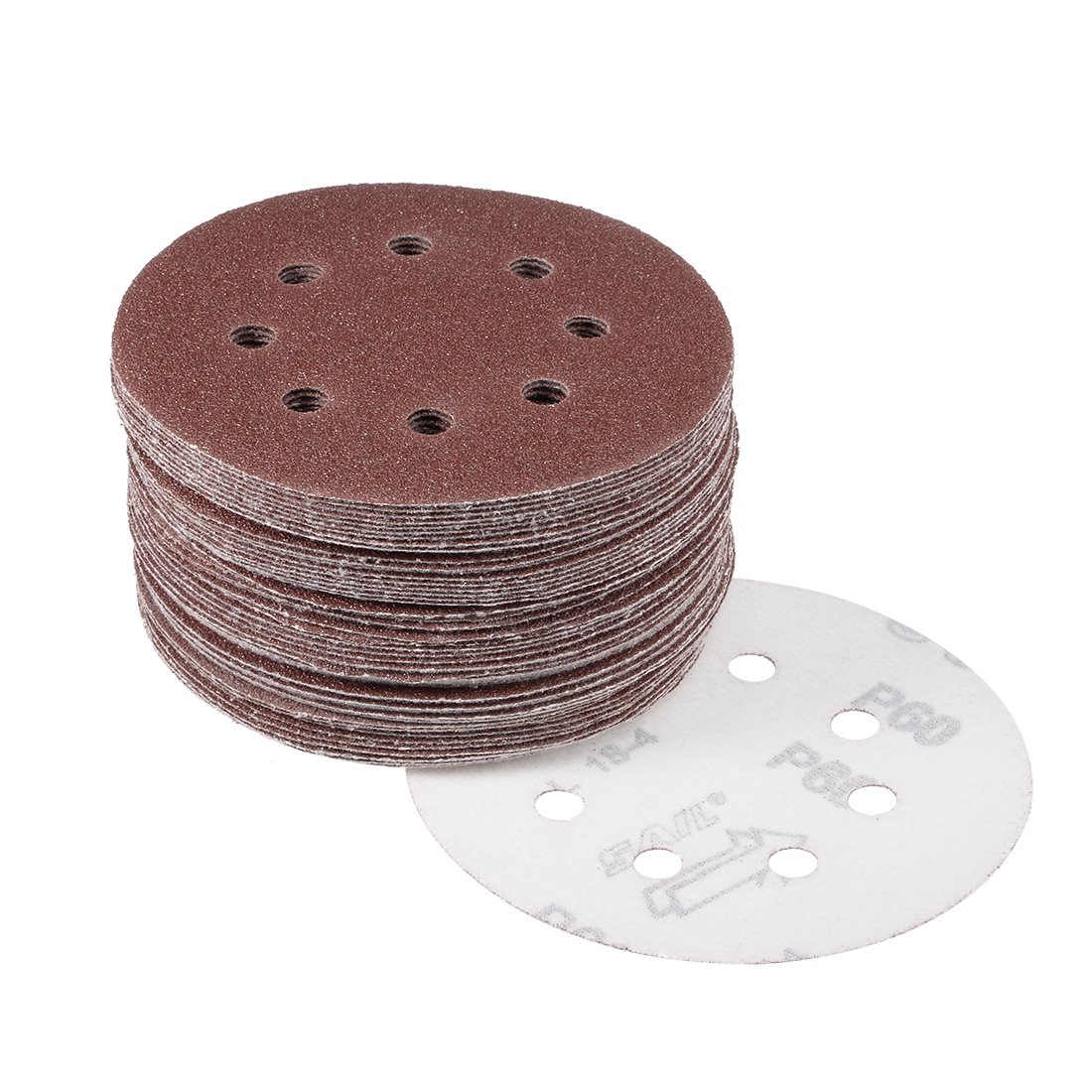 sourcingmap 50Pcs 5 inch 8 Hole Hook and Loop Sanding Disc 60 Grit Flocking Sandpaper Random Orbital Sander Paper