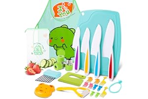 GGSTDDUP 25 PCS Kids Knife Set for Real Cooking, Toddler Kitchen Tools Kids Cutting Board and Knife Set with Peeler Fruit Vegetable Crinkle Cutters, Apron and Fruit Forks