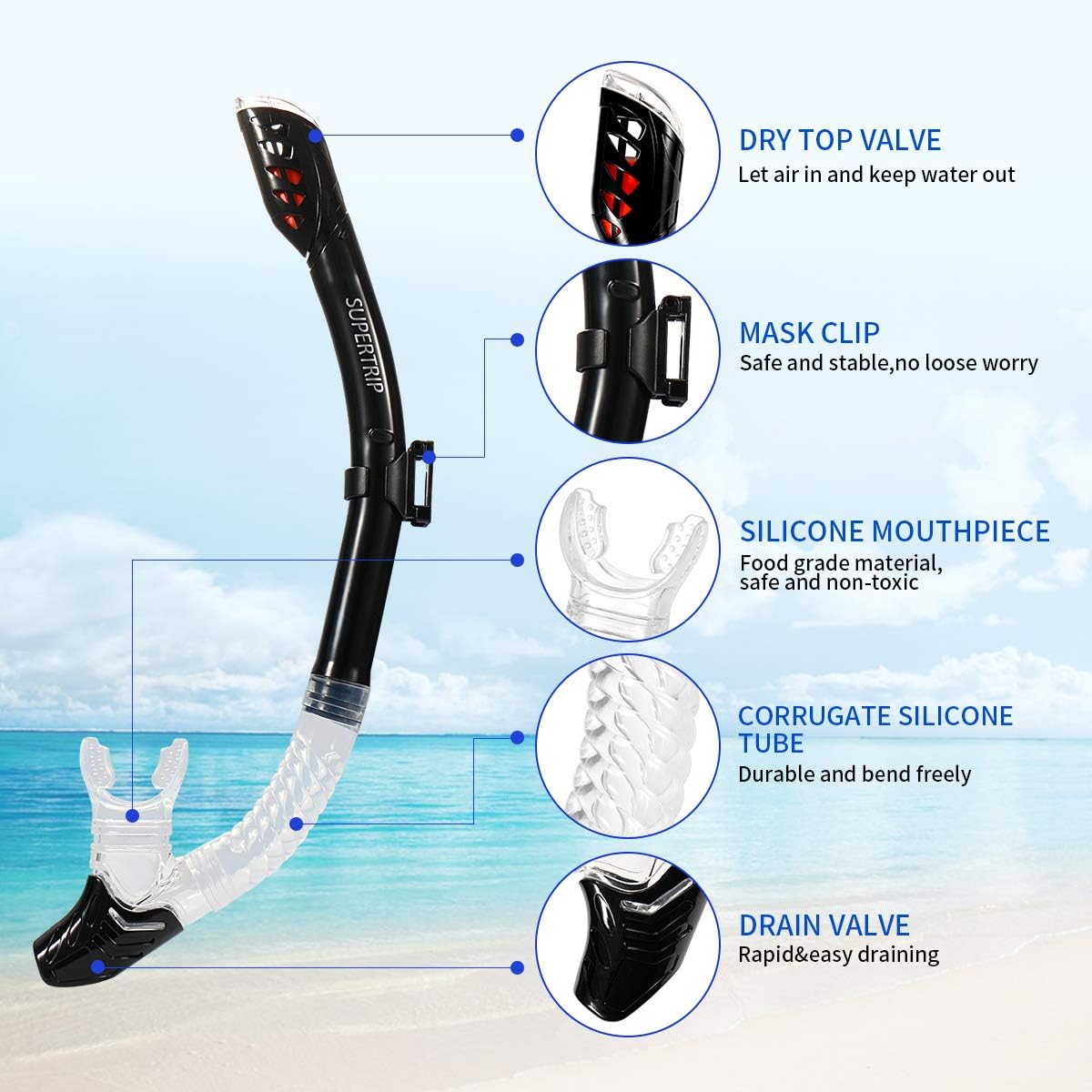 Supertrip Snorkel Set Adults-Anti-Fog Film Scuba Snorkeling Diving Mask with Impact Resistant Temperred Glass|Dry Top Snorkel, 2 Mouthpieces 1 Waterproof Case Included Black : Sports & Outdoors
