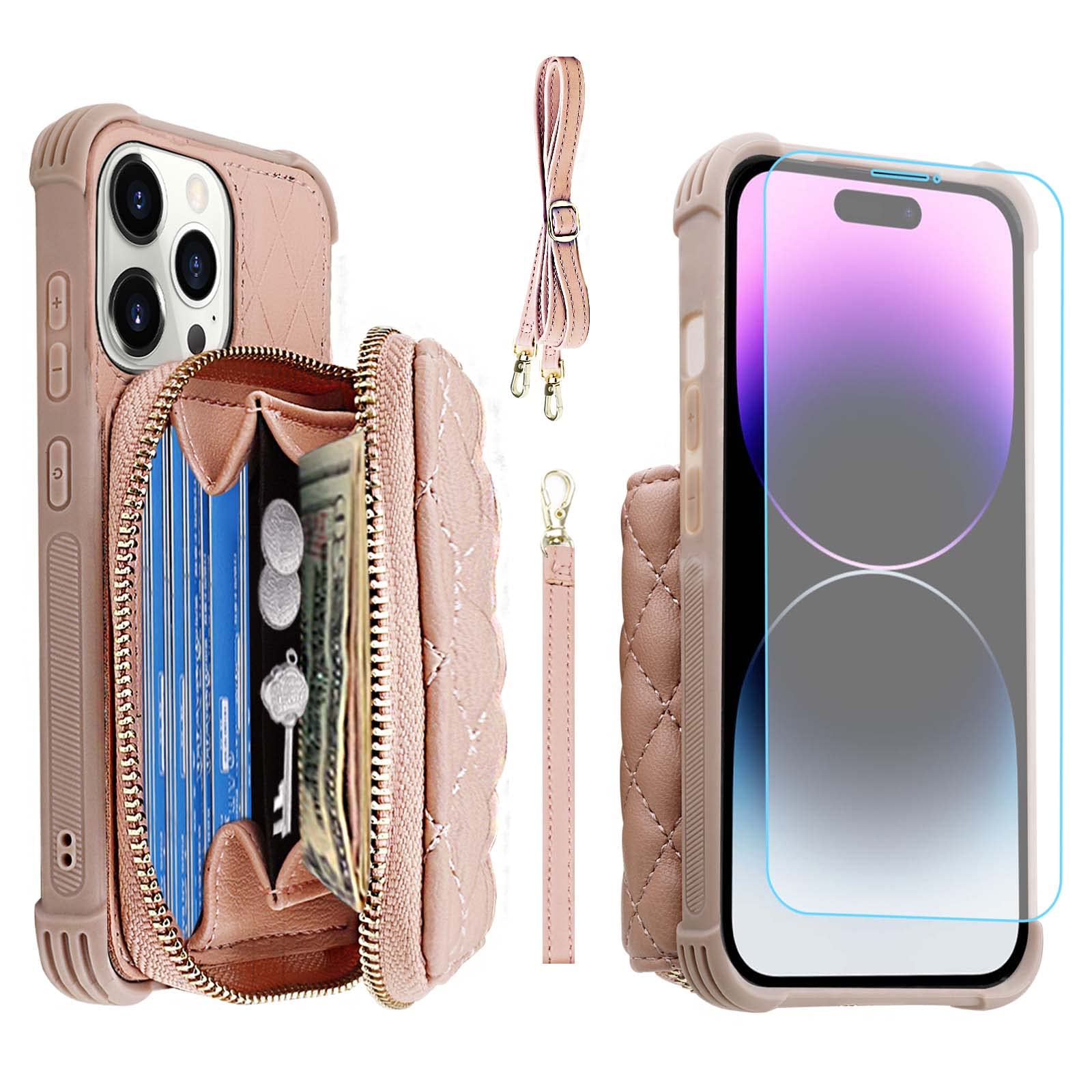 Photo 1 of MONASAY Zipper Wallet Case Fit for iPhone 14 Pro, 6.1in [Glass Screen Protector ][RFID Blocking] Flip Leather Handbag Phone Cover with Card Holder,Detachable Crossbody Lanyard Strap, Rosegold