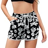 Actcat Women Drawstring Board Shorts Floral Beach Swim Shorts Summer Swim Trunks with Pockets