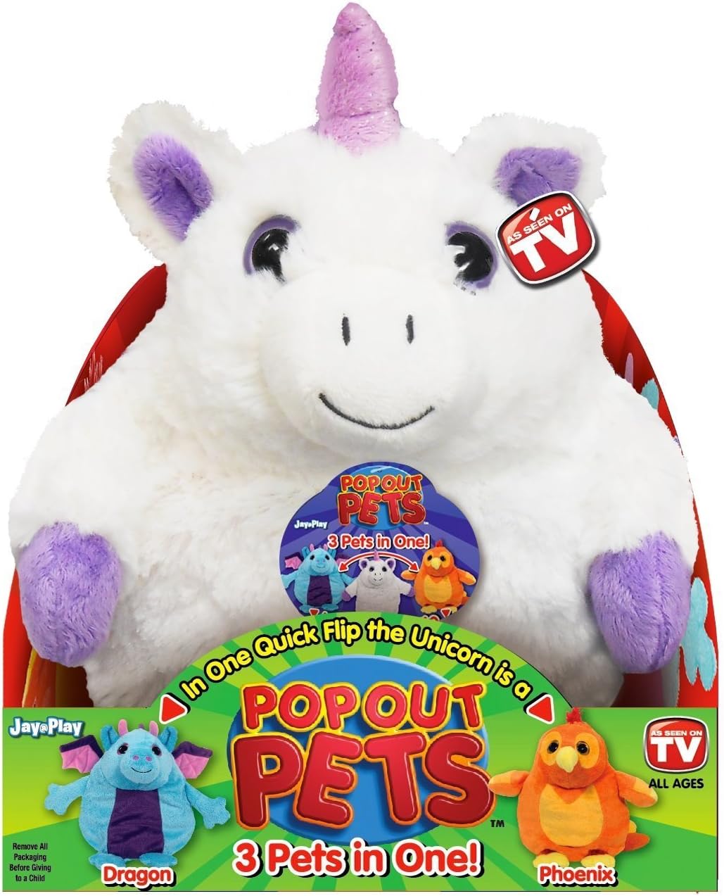 Pop Out Pets Fantasy, Reversible Plush Toy, Get 3 Stuffed Animals in One - Unicorn, Dragon & Phoenix, 8 in.