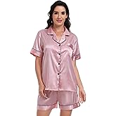 Super Shopping-zone Women's Satin Pajama Set Silk Pjs Button Down Pajamas Short Sleeve Sleepwear Lounge Set