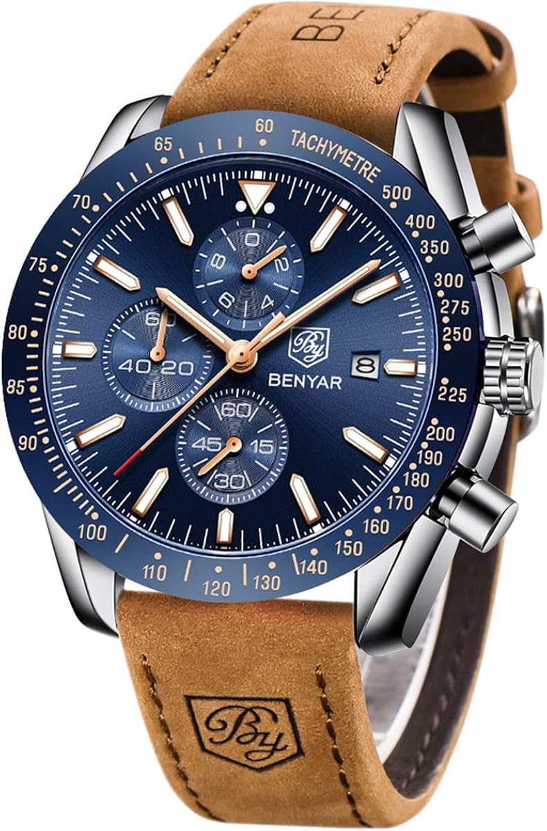 Montre Chronographe BENYAR Pour Homme - Mouvement Quartz, Boîtier Acier Inox 45 Mm, Bracelet Cuir - Verre Minéral, étanche 30 M - Cadeau élégant