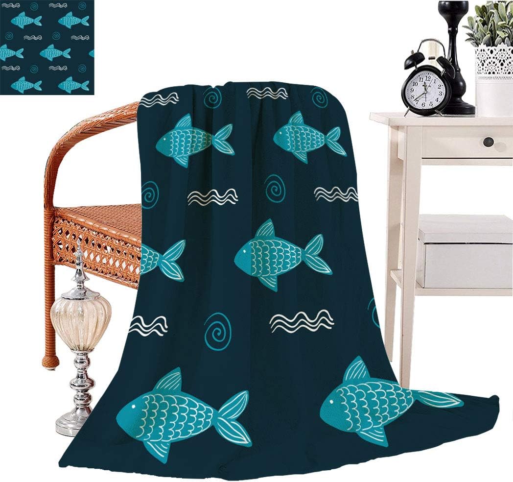 Fish Fleece Blanket, Hand Drawn Pattern in Fashionable