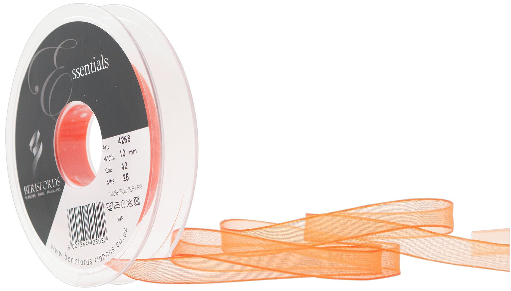 Berisfords Super Sheer Ribbon, Orange, 10 mm Width, 25 metre Length