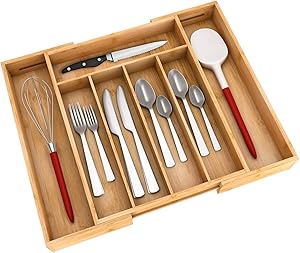 Kitchen Utensil Silverware Drawer Organizer - Bamboo Flatware Cutlery Tray with 5 Compartment and 2 Expandable Dividers for ALL SIZE Forks Knives and Spoons
