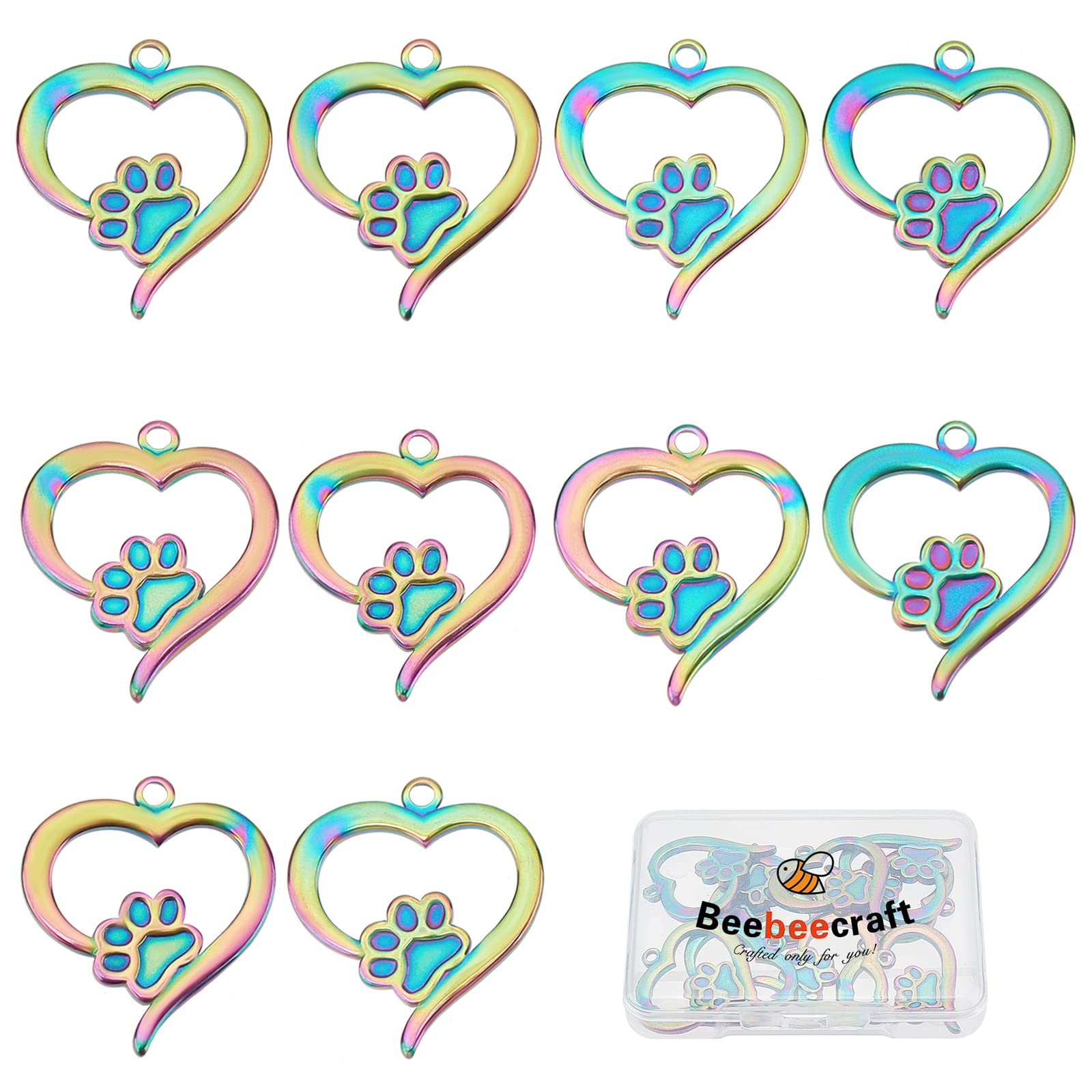 Beebeecraft 1 Box 10Pcs Dog Paw Charms Stainless Steel Rainbow Color Heart with Dog Footprint Charms for DIY Jewelry Making Necklace Bracelet Keychain