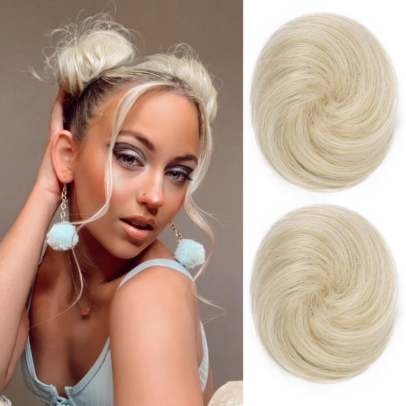 REECHO 2 PCS Mini Claw Clip in Messy & Cat Ears Hair Bun Extensions Wig Accessory Updo Hairpieces for Women Girls (Pack of 2-3" Straight, Light Blonde)