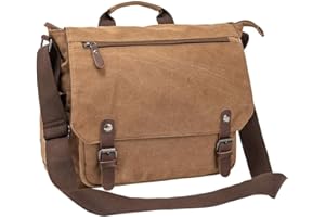 Vintage Genuine Leather Waxed Canvas Briefcase Large Satchel Shoulder Bag Rugged Computer 15.6" Laptop Bag