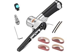 3/8" x 13" Air Belt Sander, Variable Speed Knob Pneumatic Tool with 40 Sandpapers (80/120/180/240 Grit), 360° Rotatable Arm, 