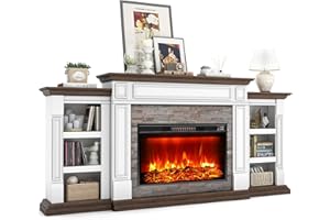 HOLLIWILL 80" Fireplace TV Stand for TVs Up to 90 Inch, Electric Fireplace with Mantel, Farmhouse Entertainment Center with Storage, Realistic Stacked Stone Surround with Remote Control for Living Room