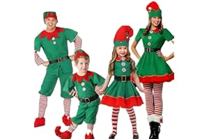 Christmas Elf Costume Kids Girls Boys 4pc Xmas Holiday Dress Up Santa's Helper Costume with Dress Hat Belt Socks