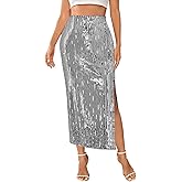 Segreto Women's Sequin Maxi Skirt High Waist Split Hem Sparkle Bodycon Midi Long Pencil Fishtail Skirts Party Cocktail