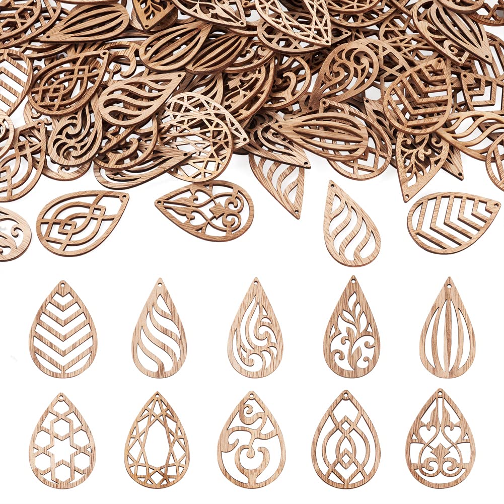 Photo 1 of 100pcs Unfinished Hollow Drop Wood Cutouts Blank Filigree Teardrop Wooden Pieces Earring Pendants for DIY Jewelry Crafts Making